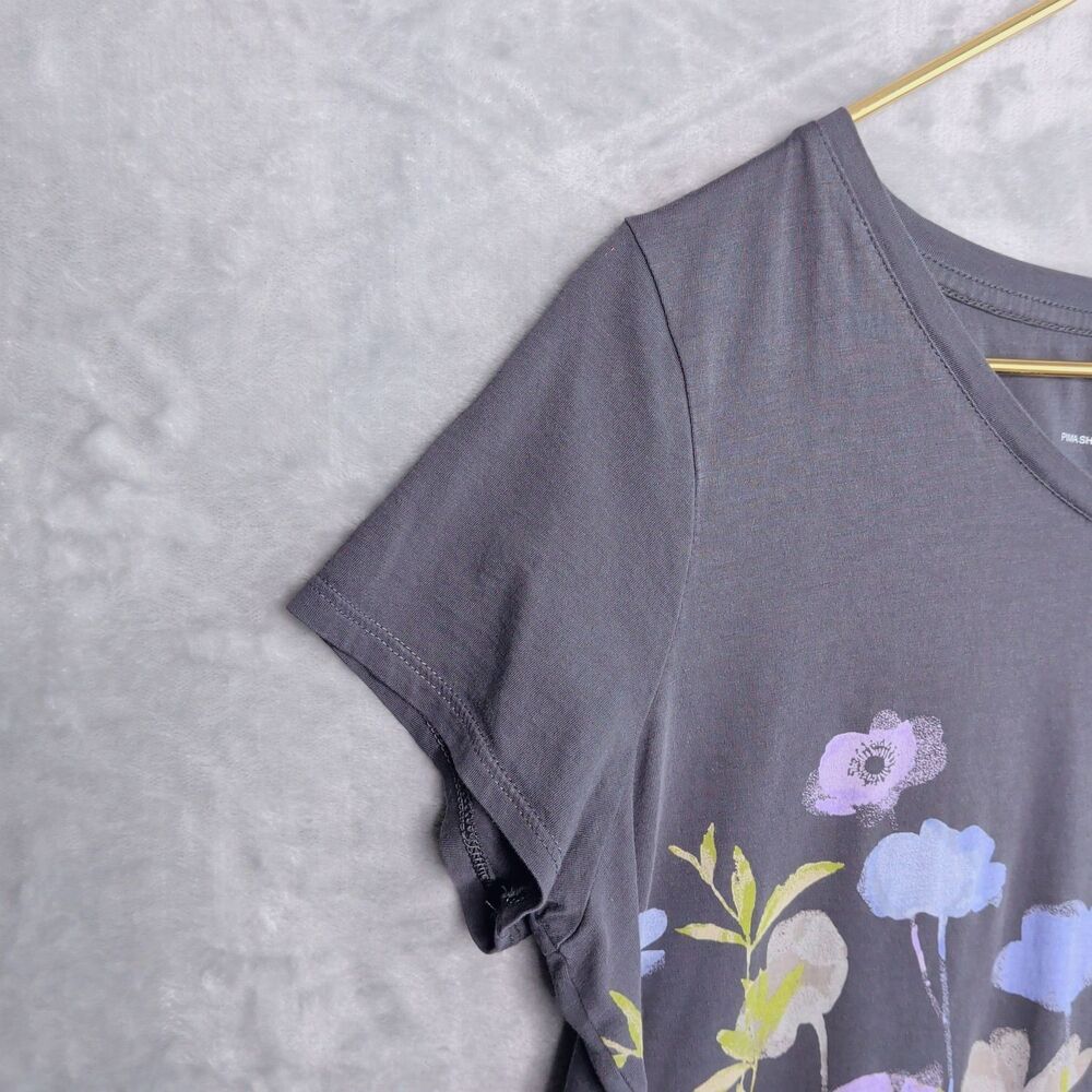 PUREJILL Gray Floral Graphic Print T-Shirt Size M Shirred-Back Elliptical Pima - Picture 7 of 8